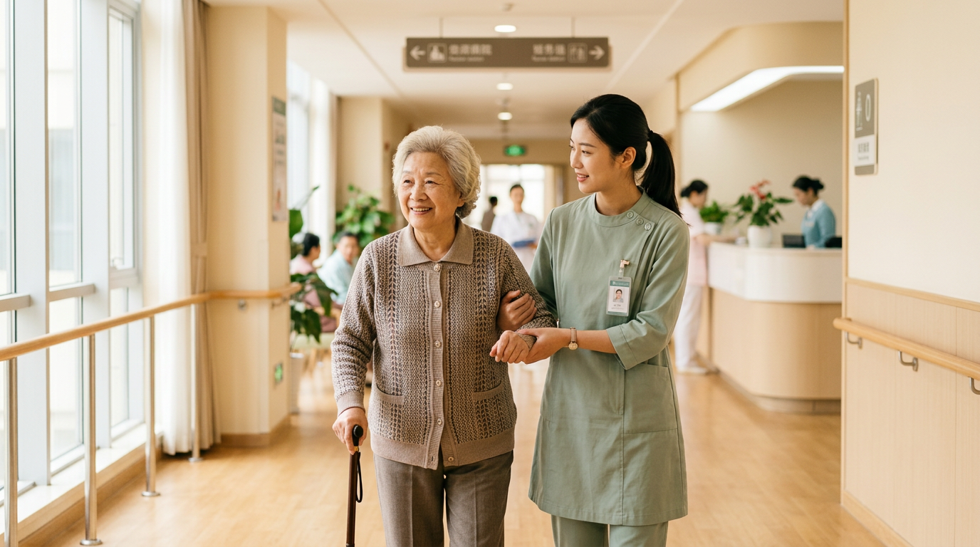 优活家陪诊师搀扶老人在医院就诊