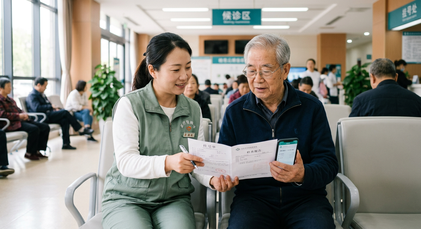 陪诊师在医院候诊区陪伴老人